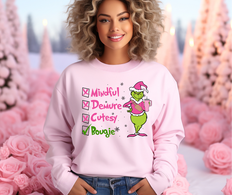 Grinch Demure Mindful Cutsey Bougie Sweatshirt Graphic Tee